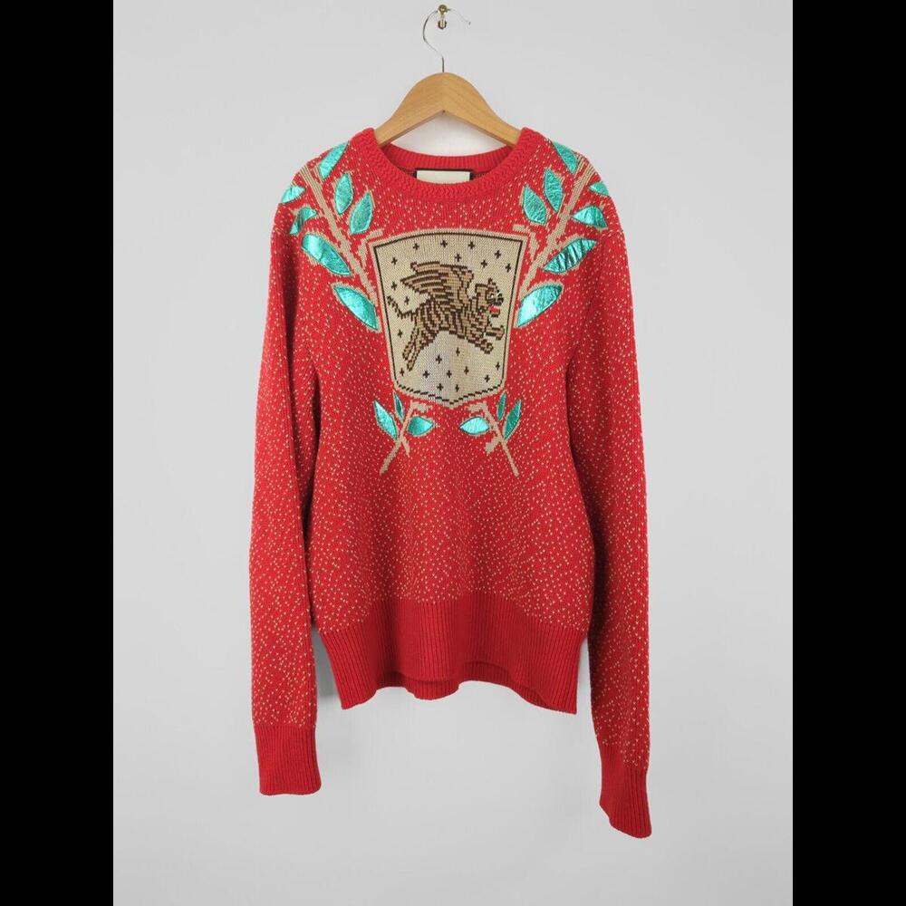 [SOLD] RARE SS18 GUCCI Men's Sz S Red Flying Tiger Crest Wool Sweater 51169